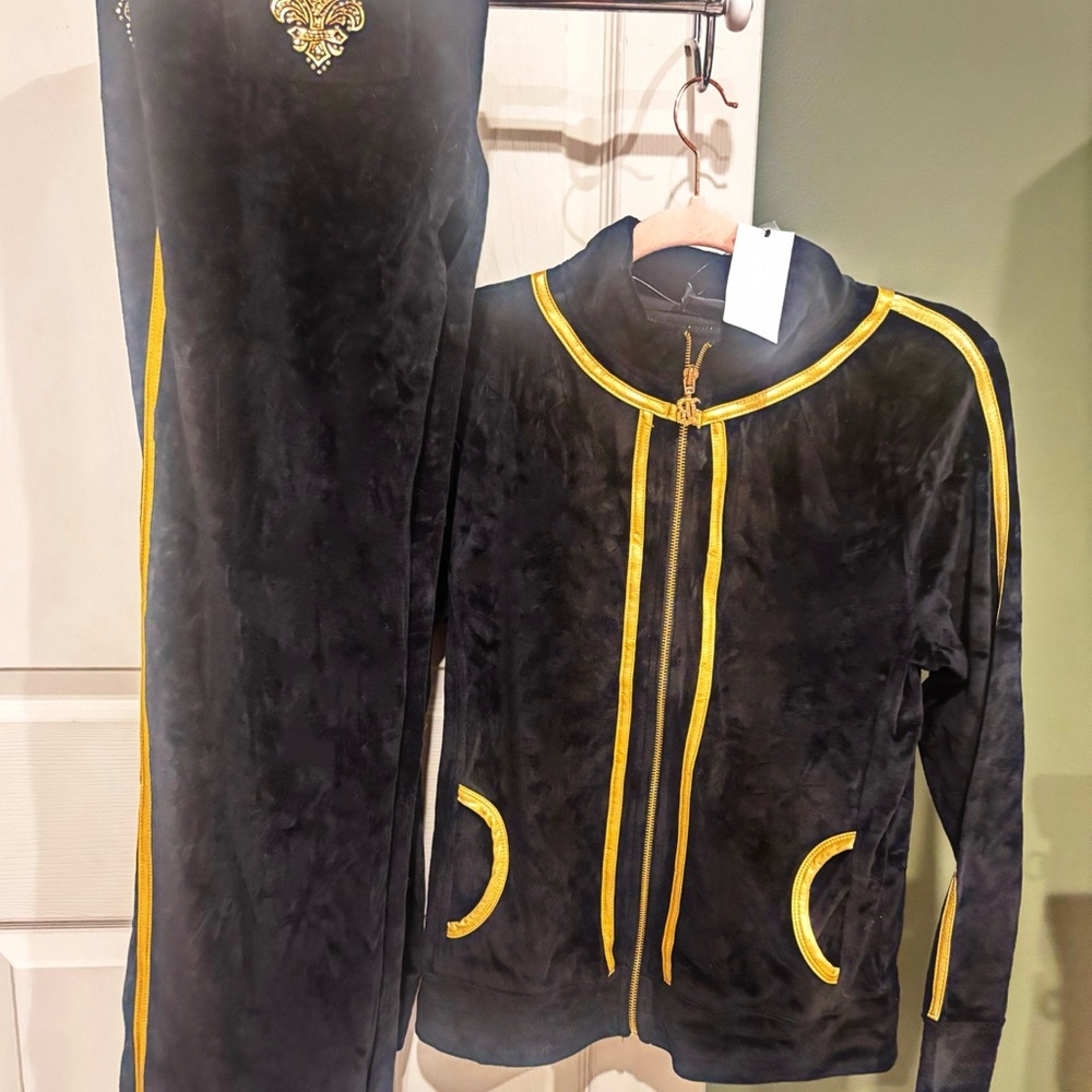 BCBGMaxAzria Black and Yellow Track Pants with Velvet Finish